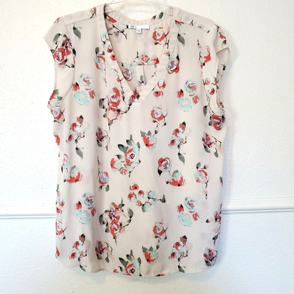 DR2 Women Beige Floral V-Neck Sleeveless Blouse Pleated Back Top Size Large